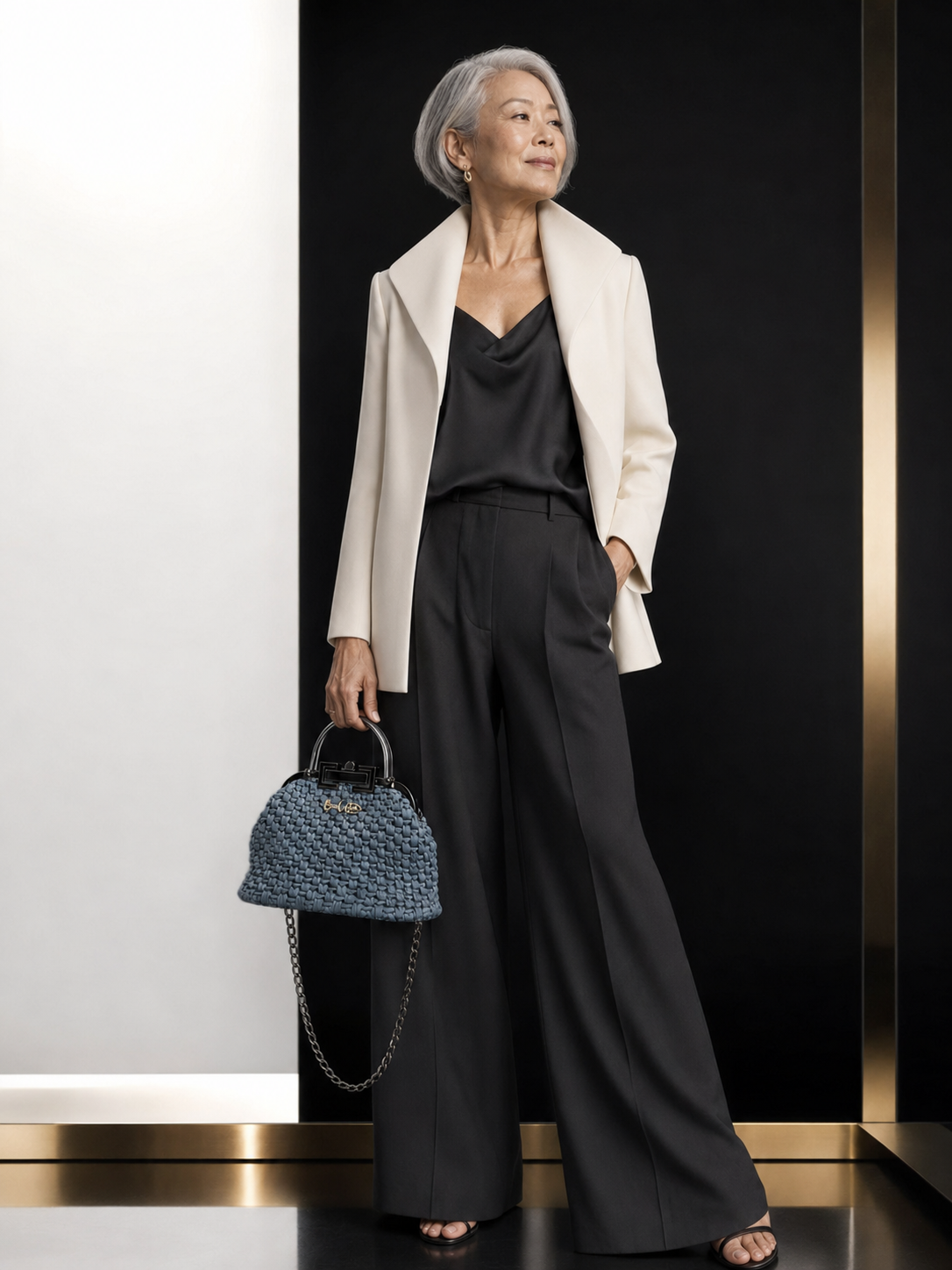 Elegant mature model carrying a blue handmade BaWa bag