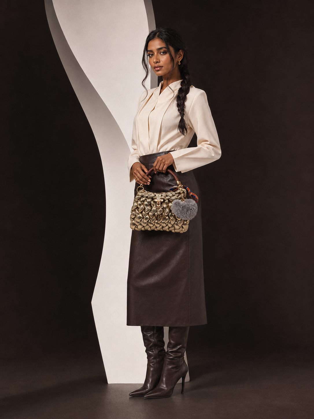 Young model carrying a gold handmade BaWa bag