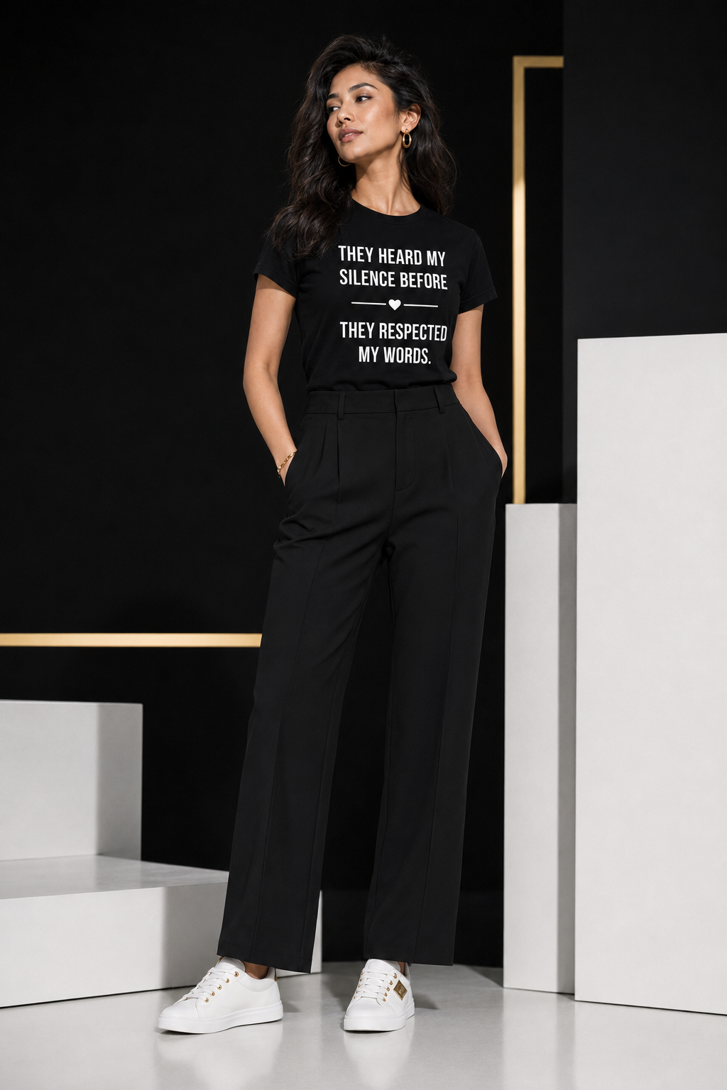 Young model styling a second black BaWa statement T-shirt
